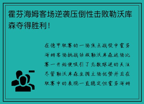 霍芬海姆客场逆袭压倒性击败勒沃库森夺得胜利！